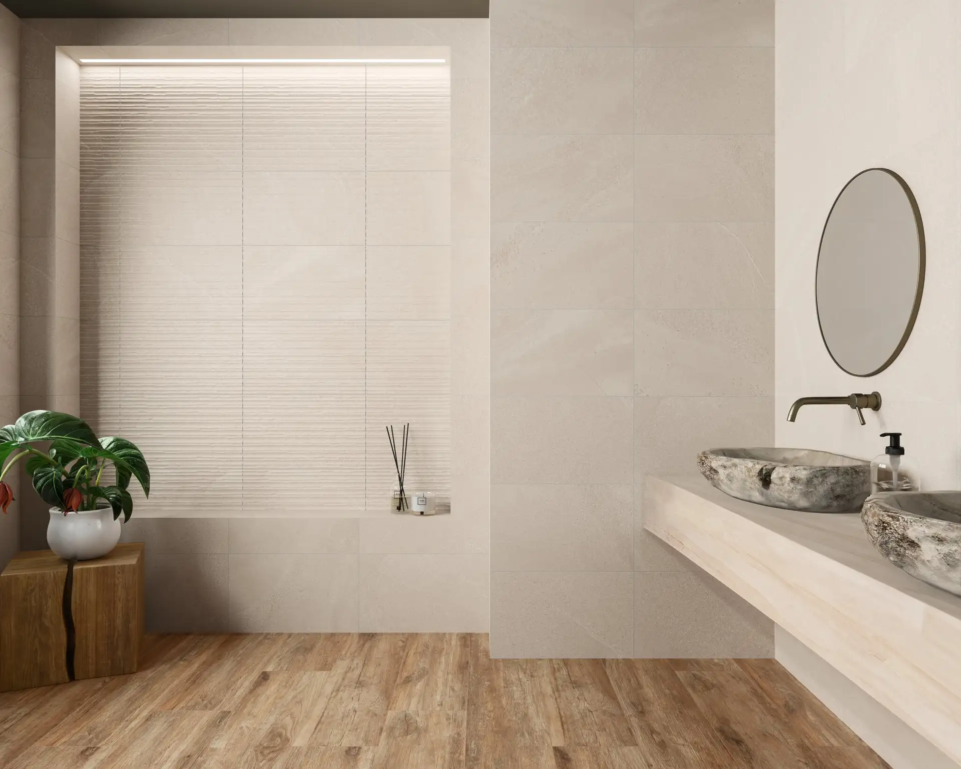 Baño moderno con tendencias 2026: tonos tierra y materiales naturales